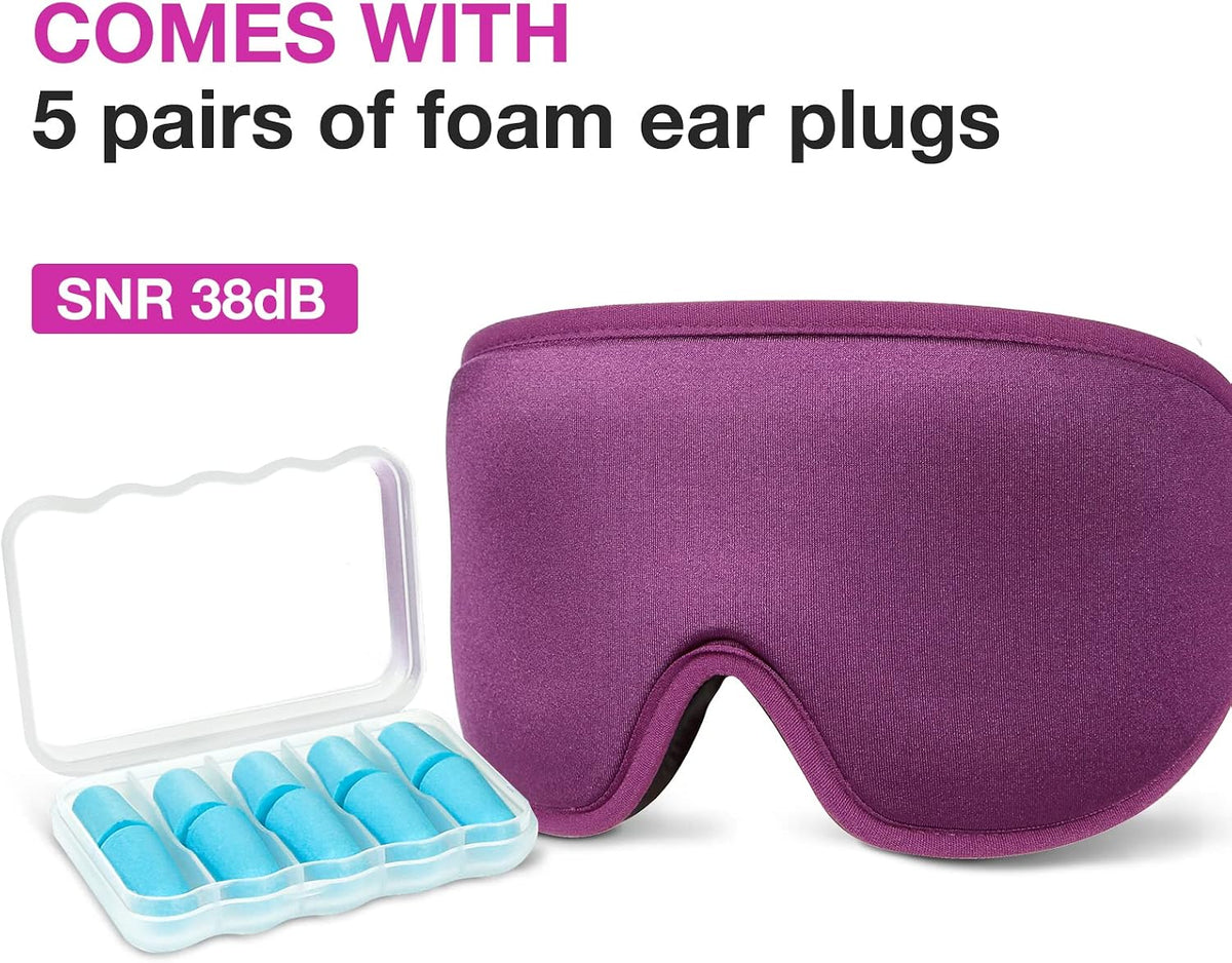 3D Blackout Sleep Mask for Side Sleepers, 5 Pairs Ear Plugs, Purple