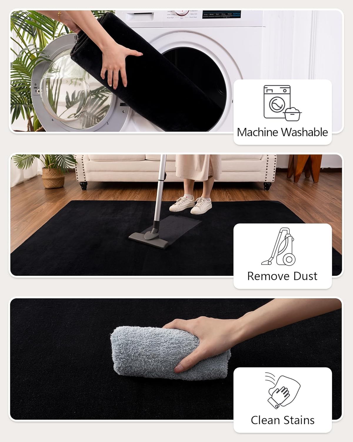 Shag Living Room Area Rug, 6x9 Black Washable Fuzzy Bedroom Rugs, Soft Fluffy Indoor Carpets for Dorm Boys Girls Kids Room Nursery Home Decorations
