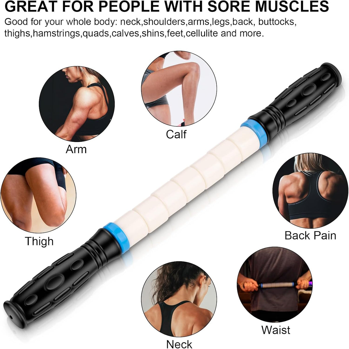 Portable Massage Roller Stick the Ultimate Muscle Roller 17 Inches Recommended By Physical Therapists Promotes Recovery Fast Relief for Cramps Soreness Tight Muscles-White