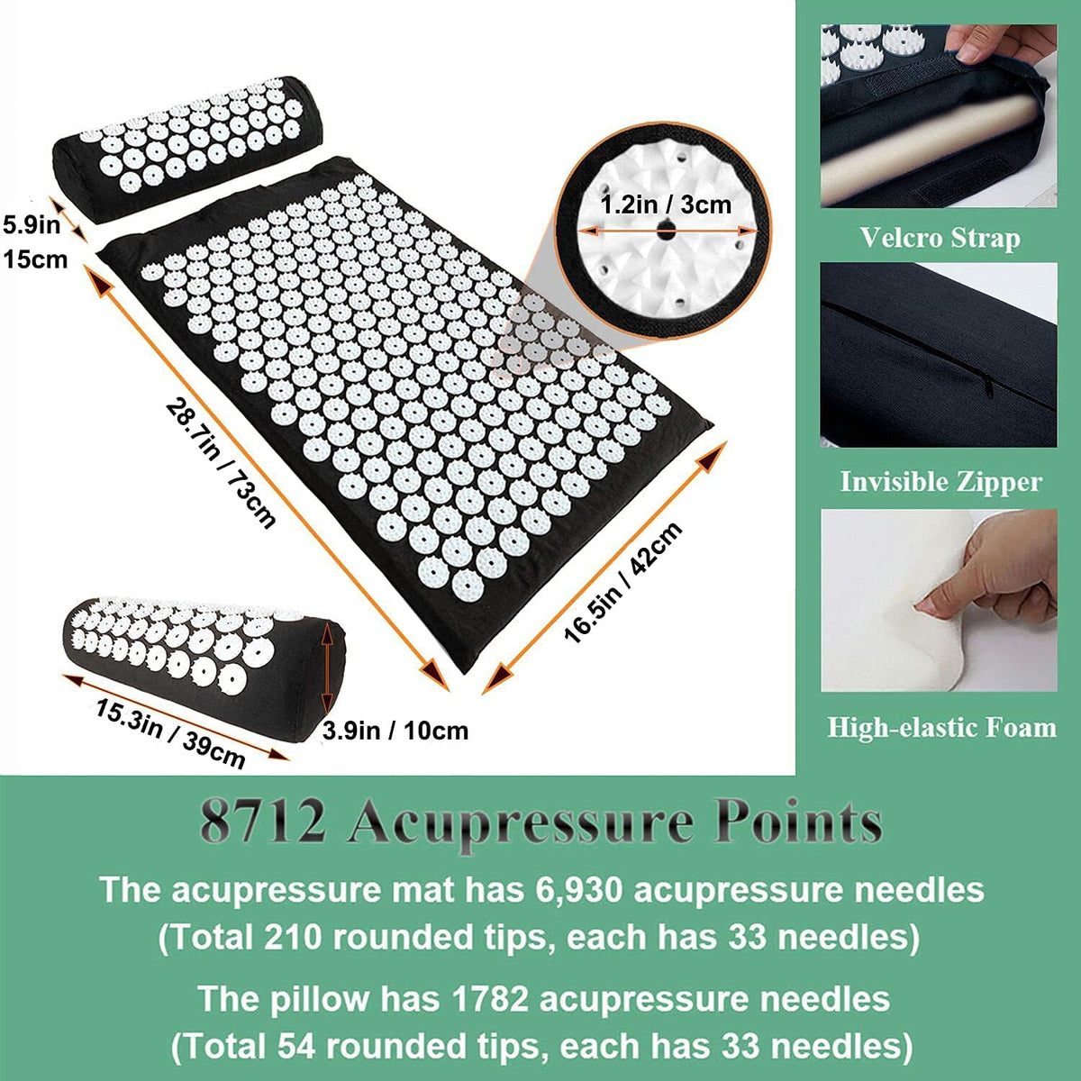 28.7" Acupressure Mat and Pillow Set with Carry Bag (Black)