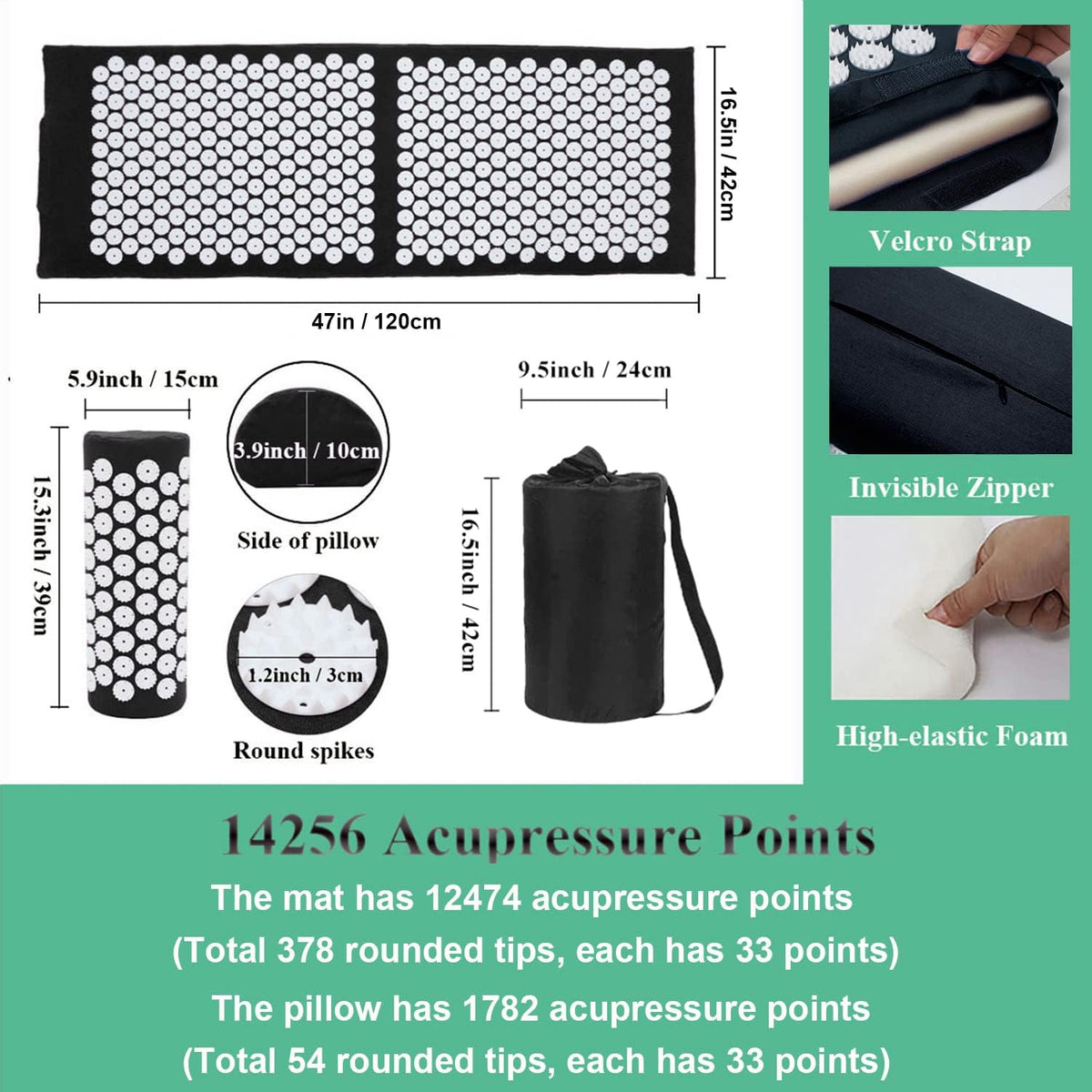 28.7" Acupressure Mat and Pillow Set with Carry Bag (Black)