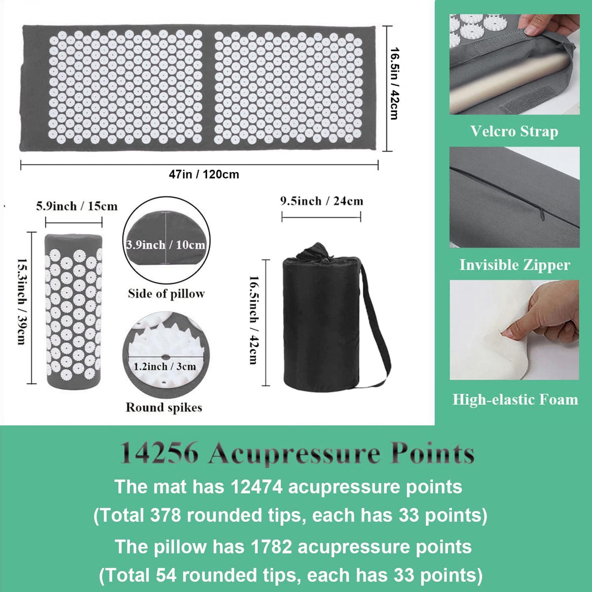 28.7" Acupressure Mat and Pillow Set with Carry Bag (Black)