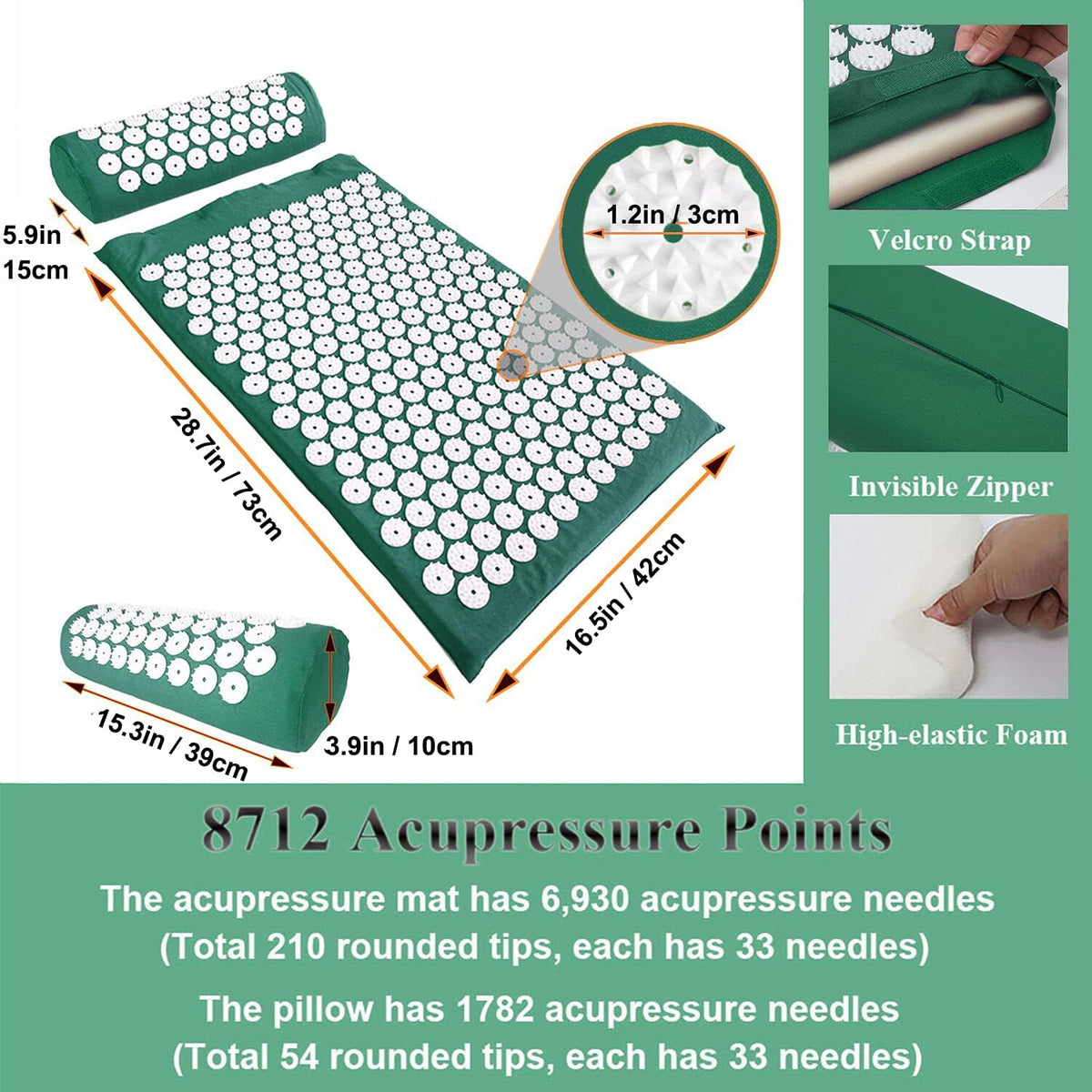 28.7" Acupressure Mat and Pillow Set with Carry Bag (Black)