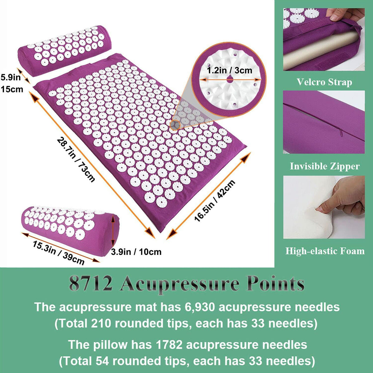 28.7" Acupressure Mat and Pillow Set with Carry Bag (Black)