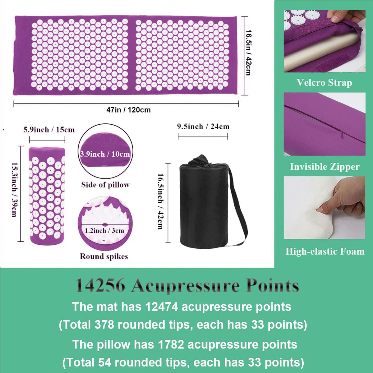 28.7" Acupressure Mat and Pillow Set with Carry Bag (Black)