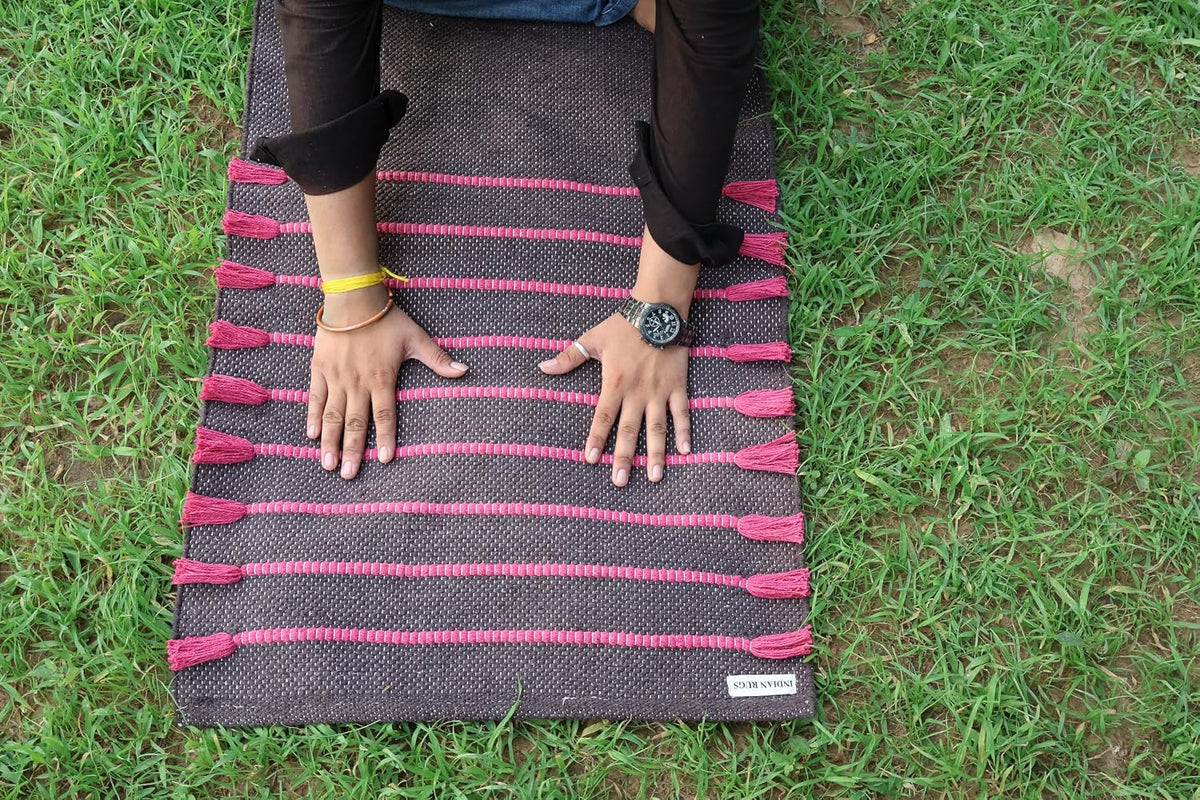 Cotton Organic Yoga Mat - Eco-Friendly Hand-Woven Rug - Handloom Foldable Yoga Mat for Everyday Fitness Maditation Rug - (24”x72”)