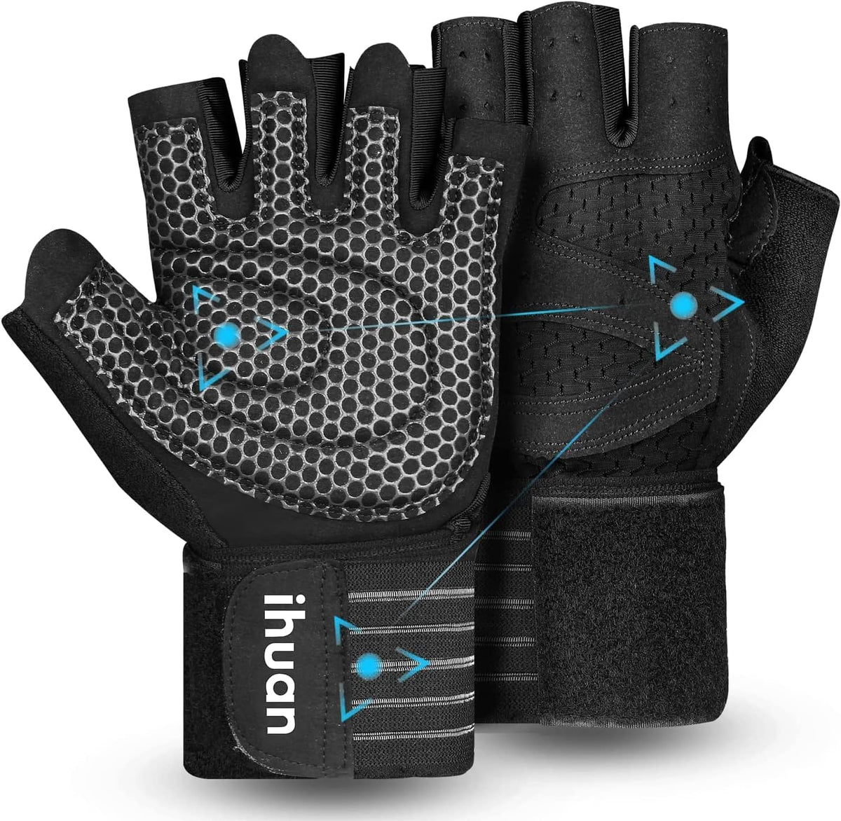 Ventilated Weight Lifting Gym Workout Gloves with Wrist Wrap Support for Men & Women, Full Palm Protection, for Weightlifting, Training, Fitness, Hanging, Pull ups