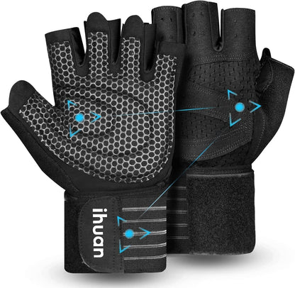 Ventilated Weight Lifting Gym Workout Gloves with Wrist Wrap Support for Men & Women, Full Palm Protection, for Weightlifting, Training, Fitness, Hanging, Pull ups