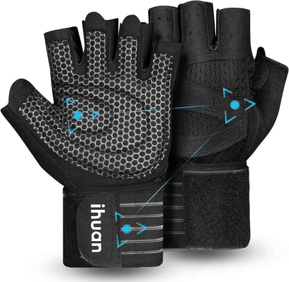 Ventilated Weight Lifting Gym Workout Gloves with Wrist Wrap Support for Men & Women, Full Palm Protection, for Weightlifting, Training, Fitness, Hanging, Pull ups