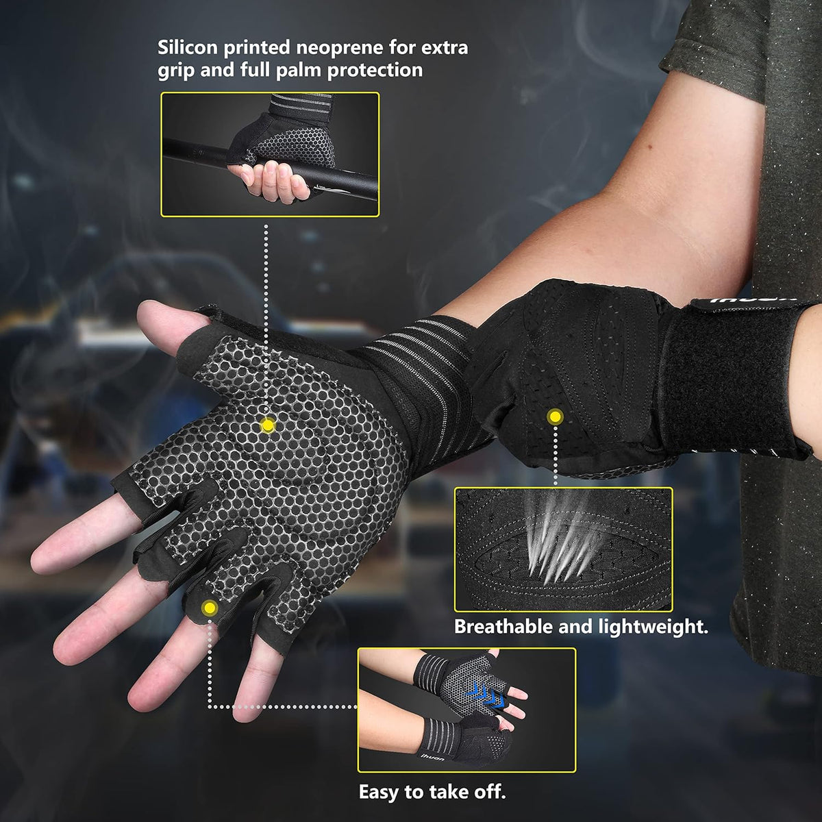 Ventilated Weight Lifting Gym Workout Gloves with Wrist Wrap Support for Men & Women, Full Palm Protection, for Weightlifting, Training, Fitness, Hanging, Pull ups