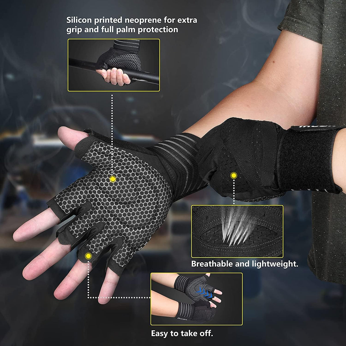 Ventilated Weight Lifting Gym Workout Gloves with Wrist Wrap Support for Men & Women, Full Palm Protection, for Weightlifting, Training, Fitness, Hanging, Pull ups