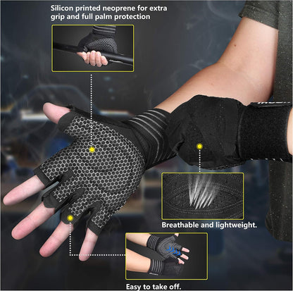 Ventilated Weight Lifting Gym Workout Gloves with Wrist Wrap Support for Men & Women, Full Palm Protection, for Weightlifting, Training, Fitness, Hanging, Pull ups