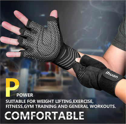 Ventilated Weight Lifting Gym Workout Gloves with Wrist Wrap Support for Men & Women, Full Palm Protection, for Weightlifting, Training, Fitness, Hanging, Pull ups