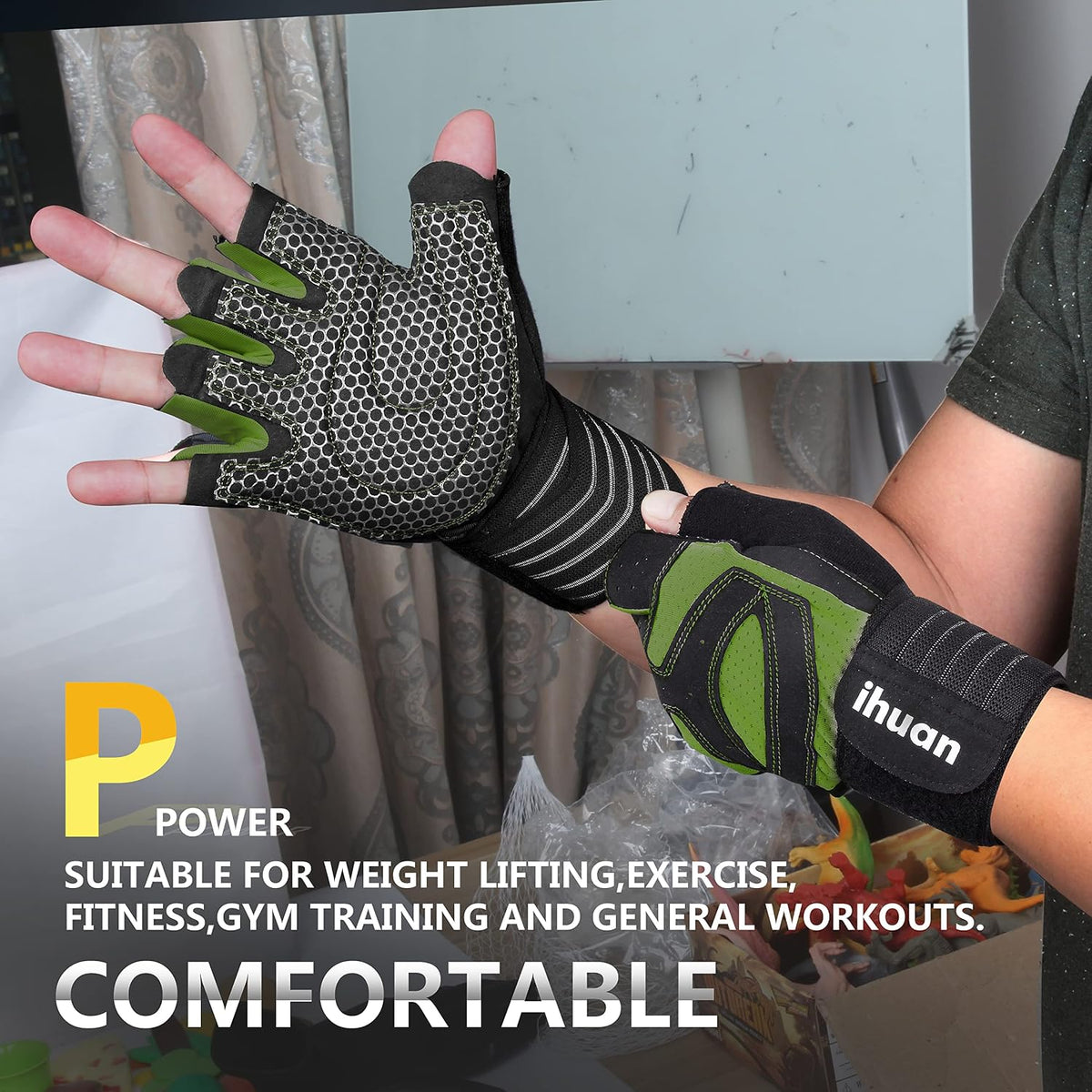 Ventilated Weight Lifting Gym Workout Gloves with Wrist Wrap Support for Men & Women, Full Palm Protection, for Weightlifting, Training, Fitness, Hanging, Pull ups