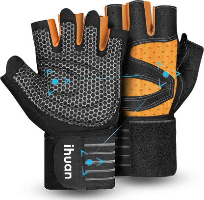 Ventilated Weight Lifting Gym Workout Gloves with Wrist Wrap Support for Men & Women, Full Palm Protection, for Weightlifting, Training, Fitness, Hanging, Pull ups