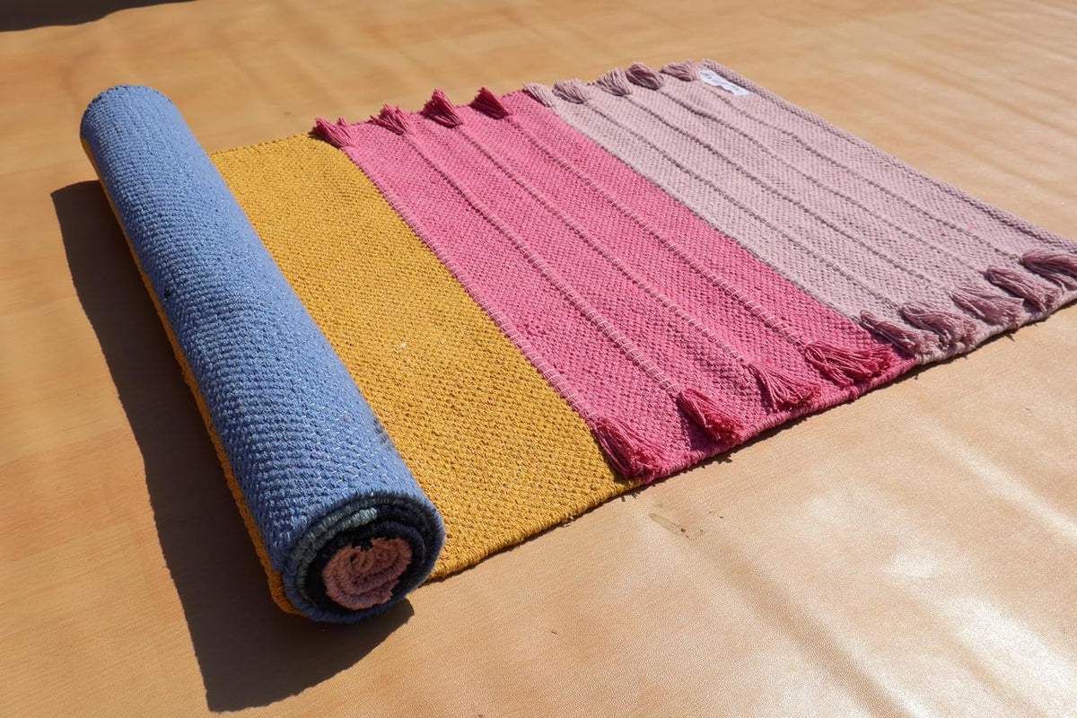 Jaipur Art & Rugs Cotton Yoga Rug - Eco-Friendly Hand-Woven Thick Mat (24”x72”x5mm) for Everyday Fitness at Home - Comfortable & Extra-Long - Colors A