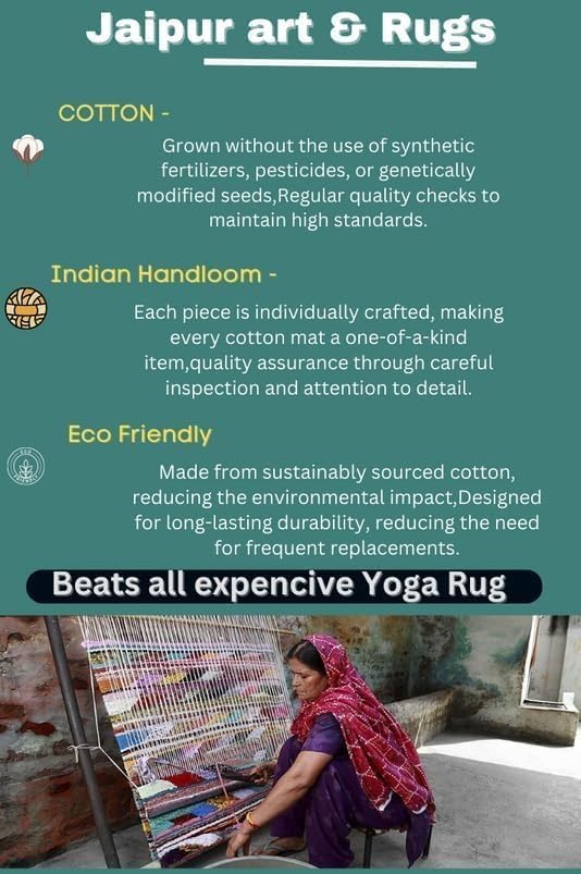 Jaipur Art & Rugs Cotton Yoga Rug - Eco-Friendly Hand-Woven Thick Mat (24”x72”x5mm) for Everyday Fitness at Home - Comfortable & Extra-Long - Colors A