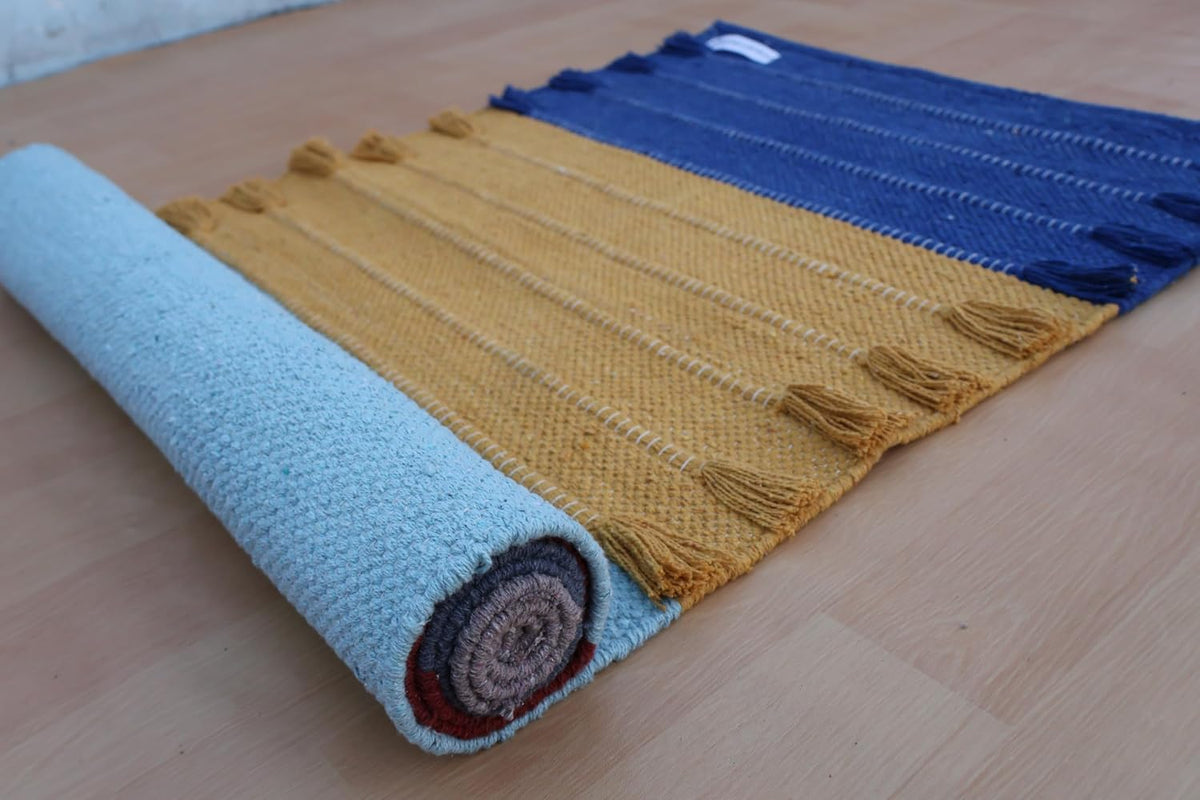 Jaipur Art & Rugs Cotton Yoga Rug - Eco-Friendly Hand-Woven Thick Mat (24”x72”x5mm) for Everyday Fitness at Home - Comfortable & Extra-Long - Colors A