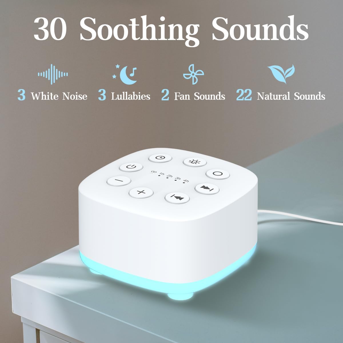 White Noise Sound Machine 30 Soothing Sounds with 32 Volume Control 12 Night Light 5 Timers Portable Sleep Machine for Travel Powered by AC or USB Sleep Therapy for Baby Kids Adults (White)