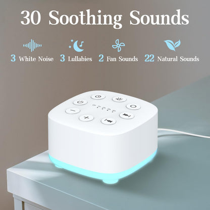 White Noise Sound Machine 30 Soothing Sounds with 32 Volume Control 12 Night Light 5 Timers Portable Sleep Machine for Travel Powered by AC or USB Sleep Therapy for Baby Kids Adults (White)