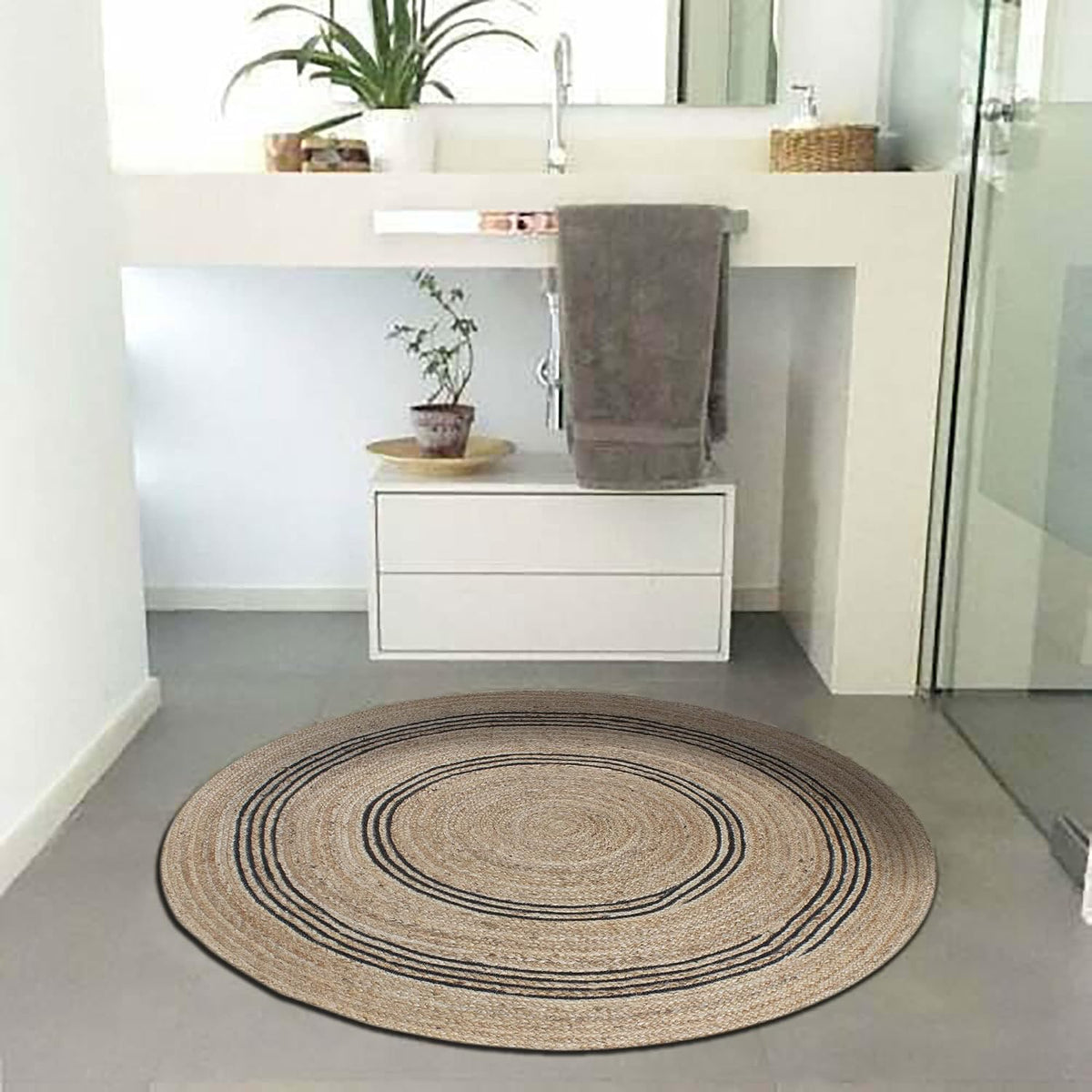 100% Hand Braided Jute Rug Geometric Beige & Black Circle Area Rug Indoor/Outdoor Use Yoga Mat Best Uses for Learning Game,Class Room,Nursery Room,Loundry & Kitchen 4x4 Feet Round