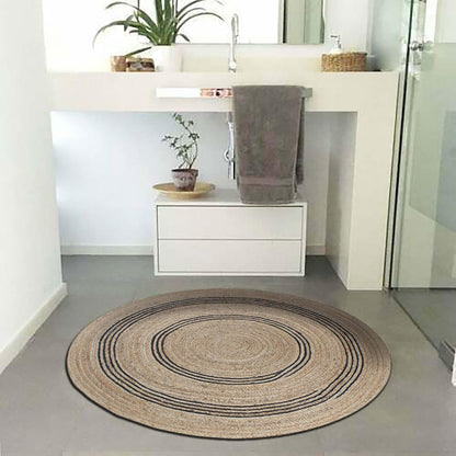 100% Hand Braided Jute Rug Geometric Beige & Black Circle Area Rug Indoor/Outdoor Use Yoga Mat Best Uses for Learning Game,Class Room,Nursery Room,Loundry & Kitchen 4x4 Feet Round