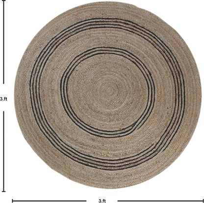 100% Hand Braided Jute Rug Geometric Beige & Black Circle Area Rug Indoor/Outdoor Use Yoga Mat Best Uses for Learning Game,Class Room,Nursery Room,Loundry & Kitchen 4x4 Feet Round