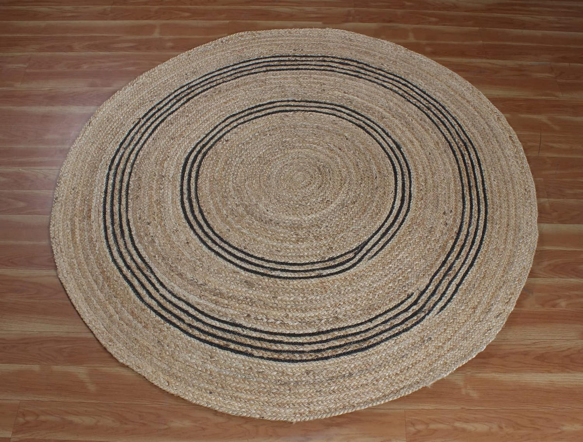 100% Hand Braided Jute Rug Geometric Beige & Black Circle Area Rug Indoor/Outdoor Use Yoga Mat Best Uses for Learning Game,Class Room,Nursery Room,Loundry & Kitchen 4x4 Feet Round
