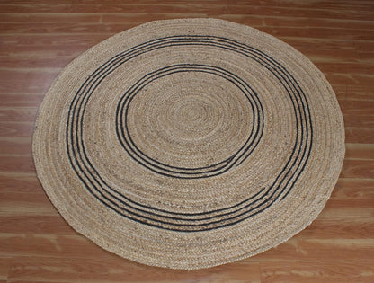 100% Hand Braided Jute Rug Geometric Beige & Black Circle Area Rug Indoor/Outdoor Use Yoga Mat Best Uses for Learning Game,Class Room,Nursery Room,Loundry & Kitchen 4x4 Feet Round