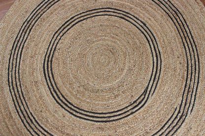 100% Hand Braided Jute Rug Geometric Beige & Black Circle Area Rug Indoor/Outdoor Use Yoga Mat Best Uses for Learning Game,Class Room,Nursery Room,Loundry & Kitchen 4x4 Feet Round