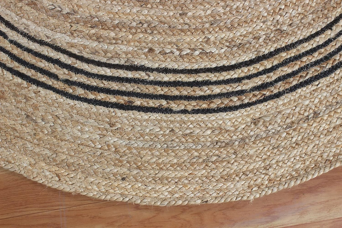 100% Hand Braided Jute Rug Geometric Beige & Black Circle Area Rug Indoor/Outdoor Use Yoga Mat Best Uses for Learning Game,Class Room,Nursery Room,Loundry & Kitchen 4x4 Feet Round