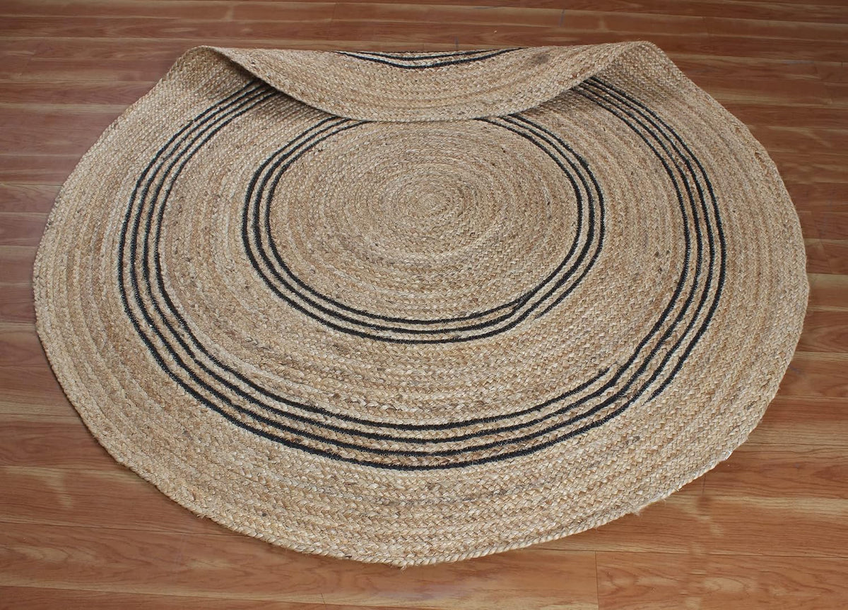 100% Hand Braided Jute Rug Geometric Beige & Black Circle Area Rug Indoor/Outdoor Use Yoga Mat Best Uses for Learning Game,Class Room,Nursery Room,Loundry & Kitchen 4x4 Feet Round