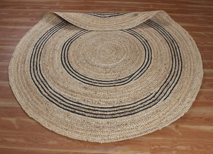 100% Hand Braided Jute Rug Geometric Beige & Black Circle Area Rug Indoor/Outdoor Use Yoga Mat Best Uses for Learning Game,Class Room,Nursery Room,Loundry & Kitchen 4x4 Feet Round