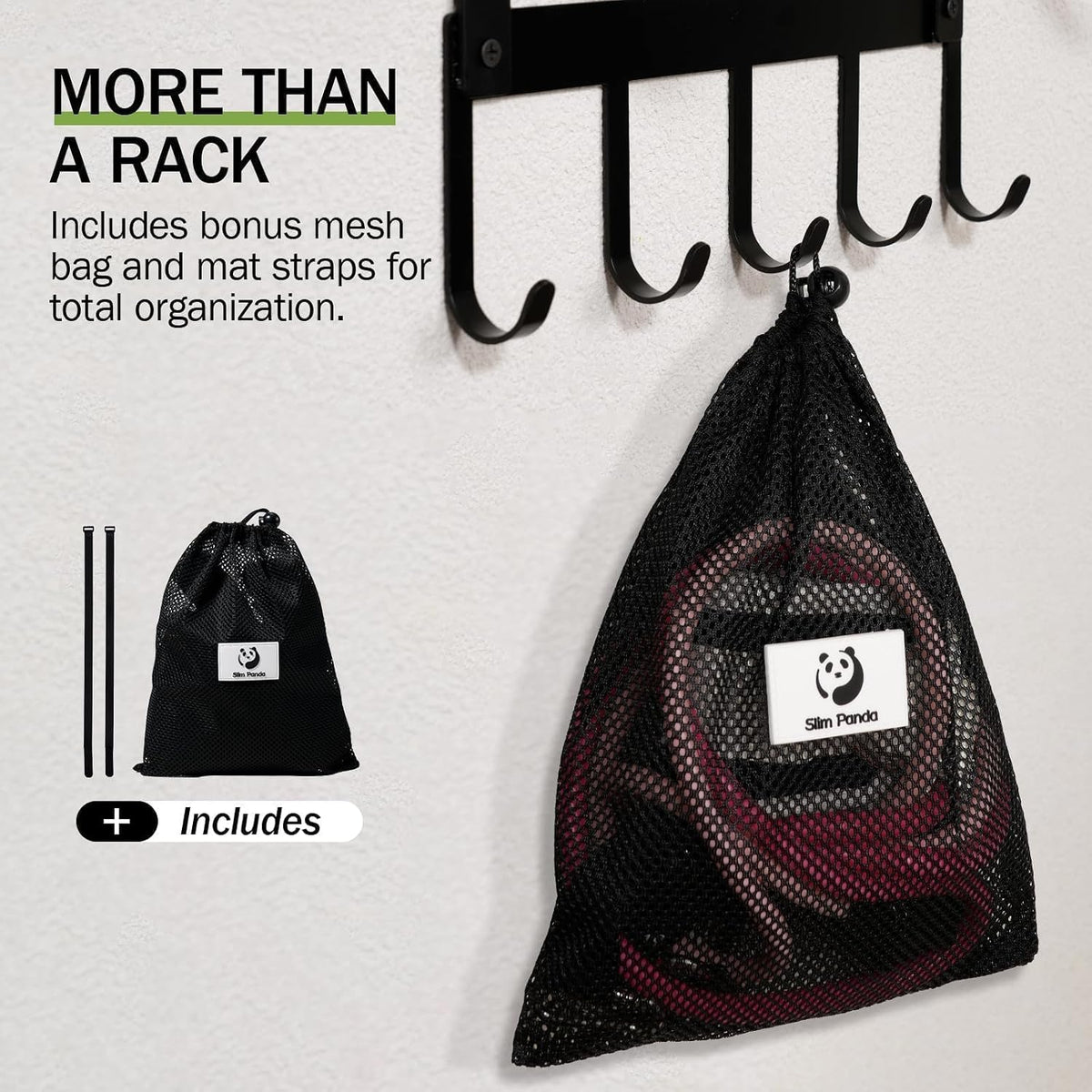 Slim Panda Yoga Mat Holder Wall Mount with Mesh Bag