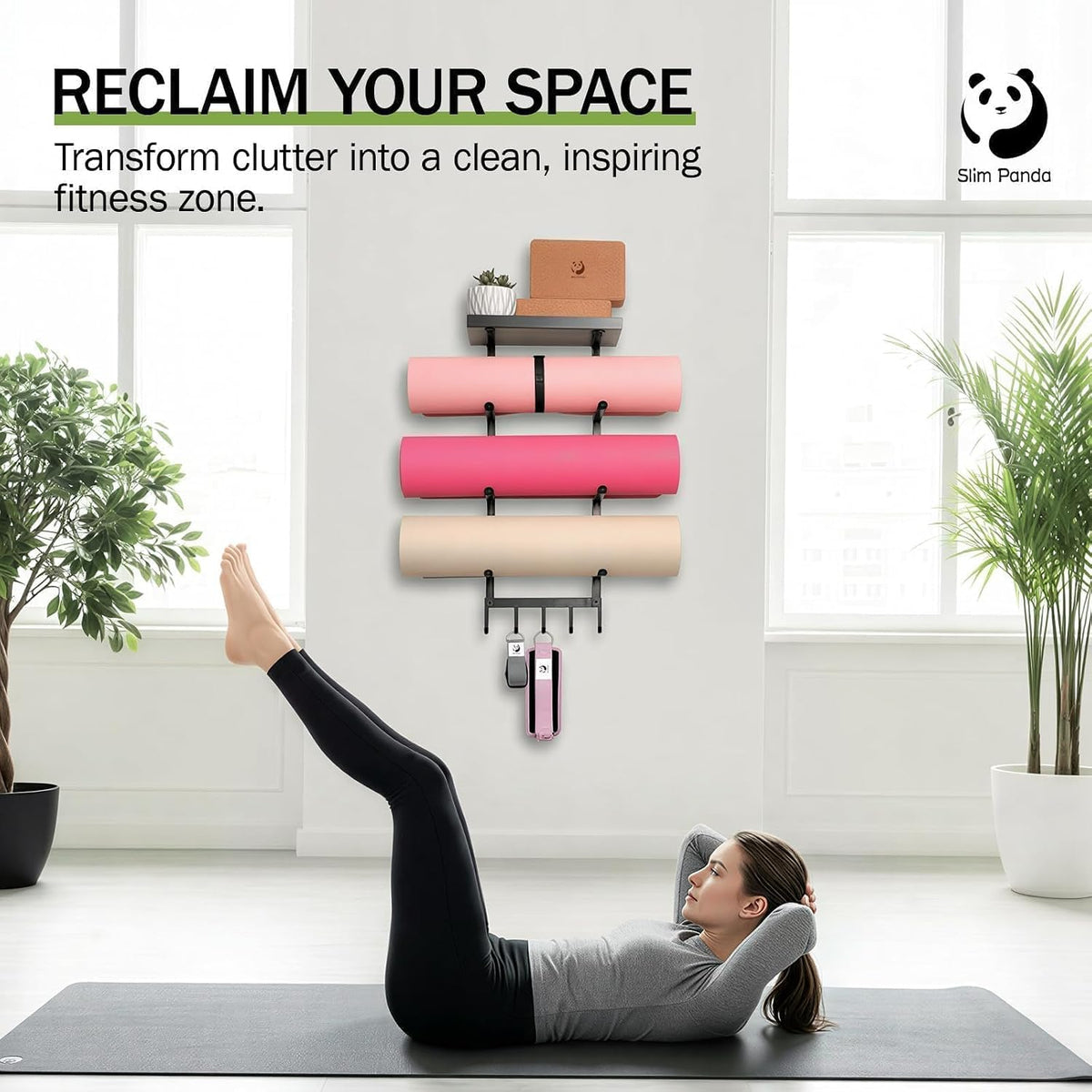 Slim Panda Yoga Mat Holder Wall Mount with Mesh Bag