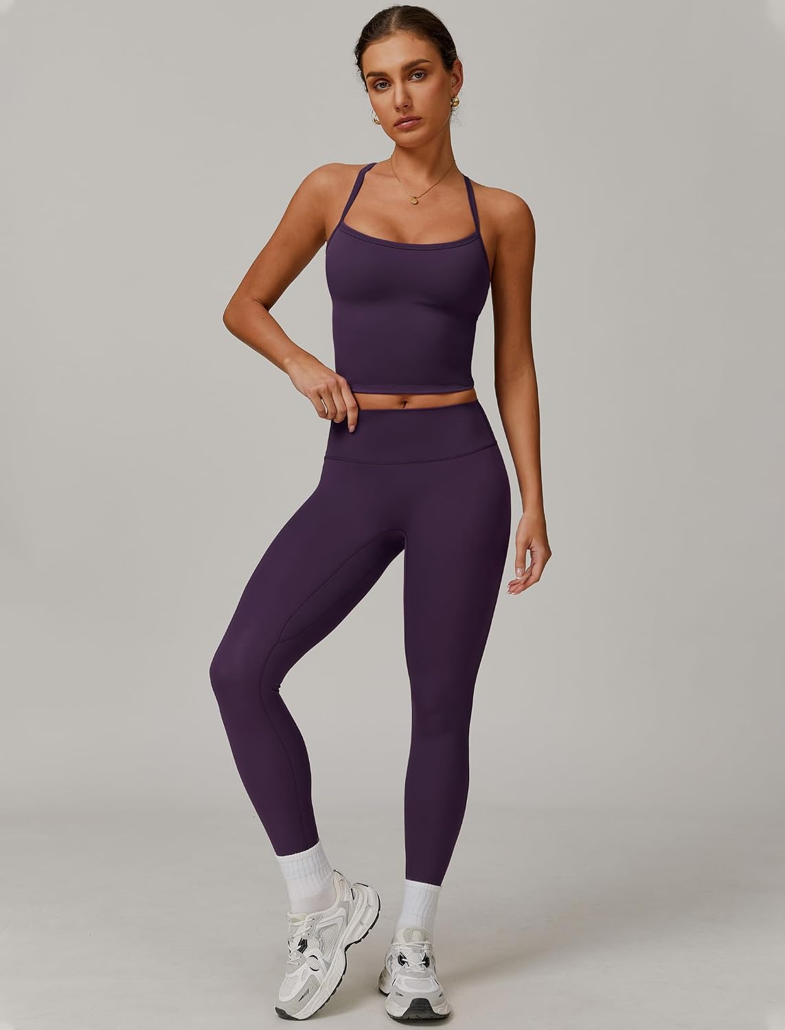 Womens Workout Sets Two Piece Cross Back Tank Top Matching High Waist Leggings Sets Gym Outfits Work Out Clothes
