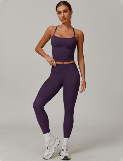 Womens Workout Sets Two Piece Cross Back Tank Top Matching High Waist Leggings Sets Gym Outfits Work Out Clothes
