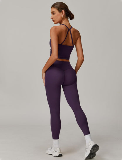 Womens Workout Sets Two Piece Cross Back Tank Top Matching High Waist Leggings Sets Gym Outfits Work Out Clothes