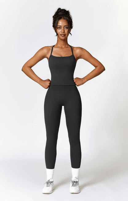 Womens Workout Sets Two Piece Cross Back Tank Top Matching High Waist Leggings Sets Gym Outfits Work Out Clothes