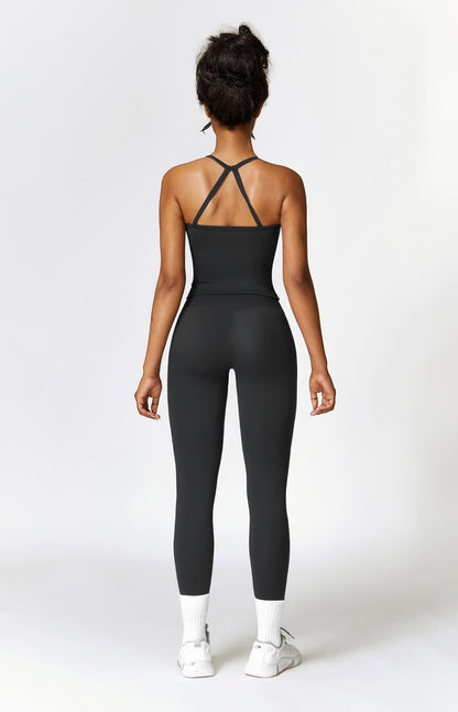 Womens Workout Sets Two Piece Cross Back Tank Top Matching High Waist Leggings Sets Gym Outfits Work Out Clothes