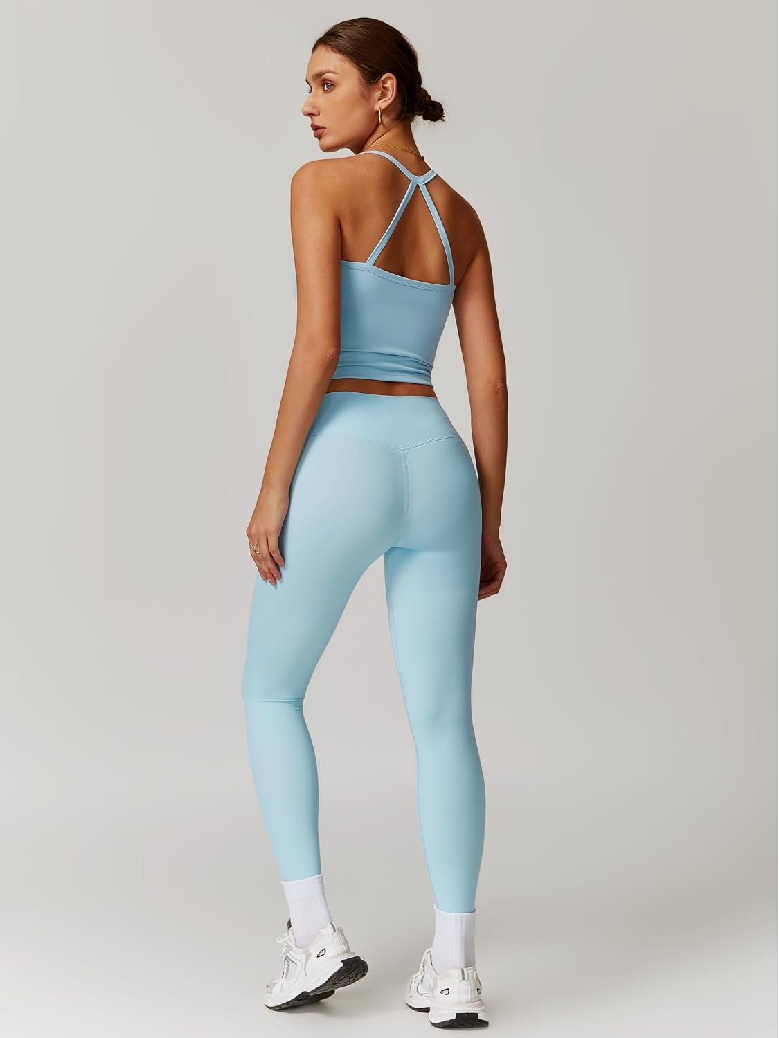 Womens Workout Sets Two Piece Cross Back Tank Top Matching High Waist Leggings Sets Gym Outfits Work Out Clothes