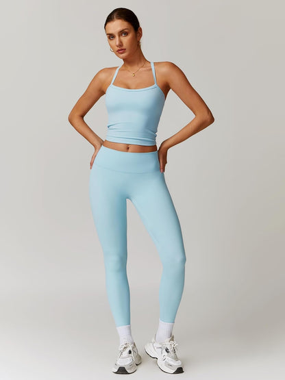 Womens Workout Sets Two Piece Cross Back Tank Top Matching High Waist Leggings Sets Gym Outfits Work Out Clothes