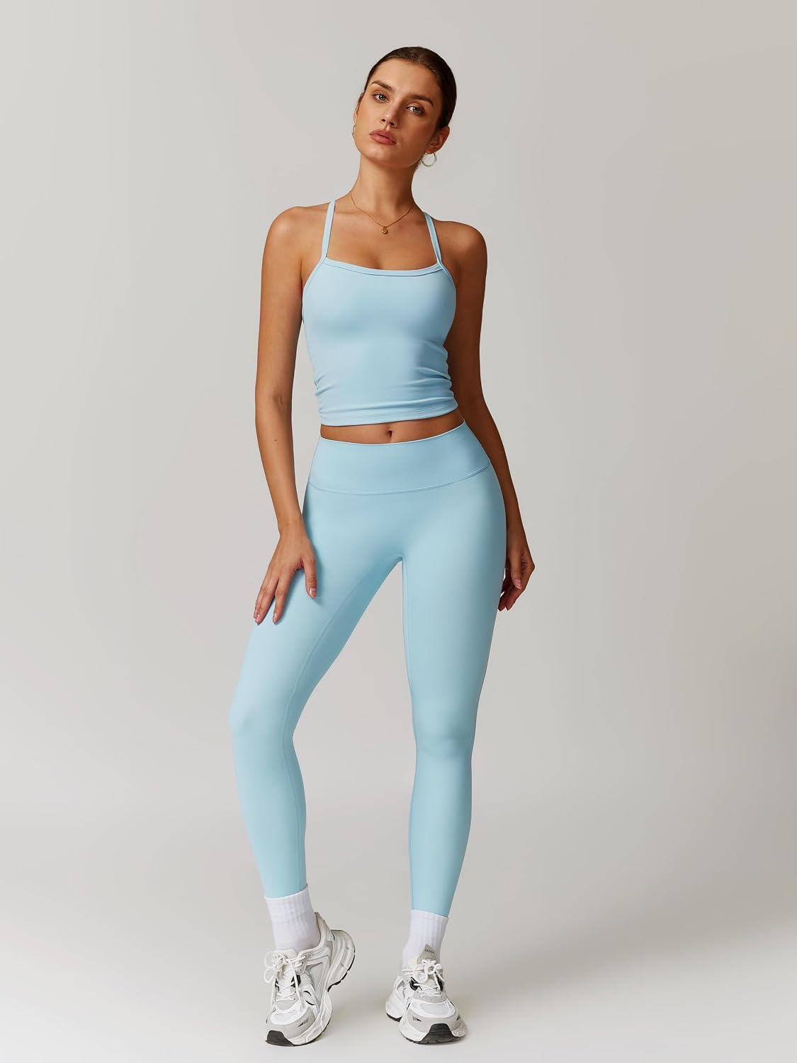 Womens Workout Sets Two Piece Cross Back Tank Top Matching High Waist Leggings Sets Gym Outfits Work Out Clothes