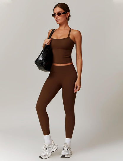 Womens Workout Sets Two Piece Cross Back Tank Top Matching High Waist Leggings Sets Gym Outfits Work Out Clothes