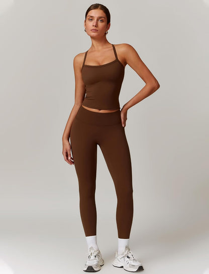 Womens Workout Sets Two Piece Cross Back Tank Top Matching High Waist Leggings Sets Gym Outfits Work Out Clothes