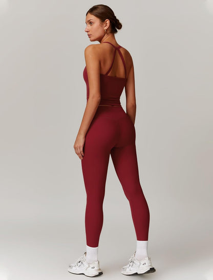 Womens Workout Sets Two Piece Cross Back Tank Top Matching High Waist Leggings Sets Gym Outfits Work Out Clothes