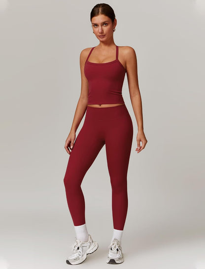 Womens Workout Sets Two Piece Cross Back Tank Top Matching High Waist Leggings Sets Gym Outfits Work Out Clothes