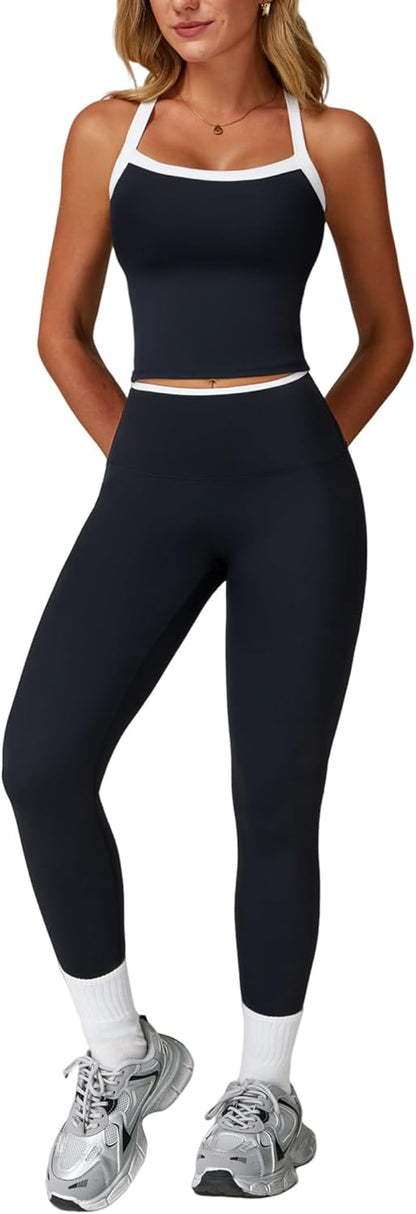 Womens Workout Sets Two Piece Cross Back Tank Top Matching High Waist Leggings Sets Gym Outfits Work Out Clothes