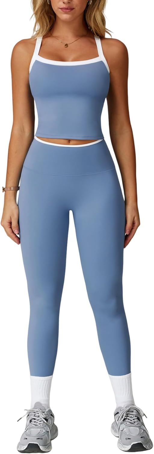 Womens Workout Sets Two Piece Cross Back Tank Top Matching High Waist Leggings Sets Gym Outfits Work Out Clothes