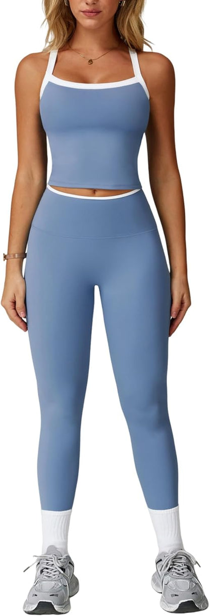 Womens Workout Sets Two Piece Cross Back Tank Top Matching High Waist Leggings Sets Gym Outfits Work Out Clothes